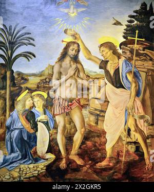 Il Battesimo di Cristo di Giovanni Battista, c.1475 (Pittura) dell'artista Verrocchio, Andrea (1435-88) & Vinci, Leonardo da (1452-1519) Italiano. Illustrazione Vettoriale