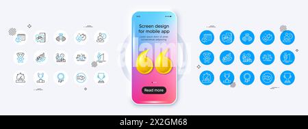 Icone yoga, Bike Courier e Cardio training line. Per applicazioni Web, stampa. Telefono con icona di citazione 3d. Vettore Illustrazione Vettoriale