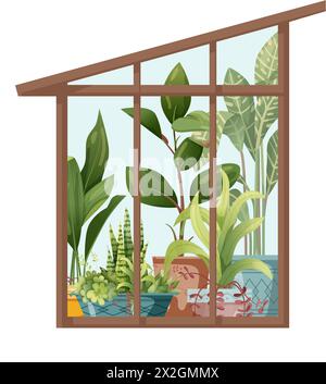 Piante di casa e macrame che crescono in hotel. Piante di serra e macrame isolate su sfondo bianco. Illustrazione piatta del cartone animato. Illustrazione Vettoriale