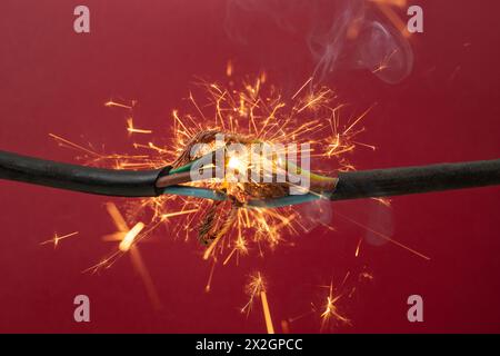 Scintille esplosione tra cavi elettrici, su sfondo rosso, concetto di rischio di incendio, messa a fuoco morbida Foto Stock