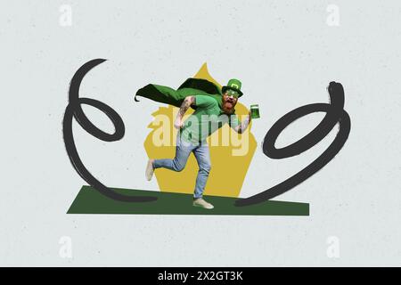 Immagine composita in collage 3D di un giovane uomo dalla silhouette bianca e nera nel verde del mantello celebra la corsa di st. patrik Day con bicchiere da birra in mano Foto Stock