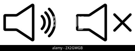 Set di icone del volume dell'altoparlante audio in linea per applicazioni e siti Web. Semplice esclusione del microfono, suono silenzioso, icona piatta, illustrazione vettoriale. Illustrazione Vettoriale