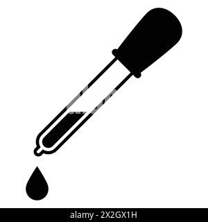Illustrazione del pittogramma piatto del vettore contagocce. Pipetta e segno di goccia. Icona del selettore tintura. Simbolo dell'analisi di laboratorio. Isolato su sfondo bianco. Illustrazione Vettoriale