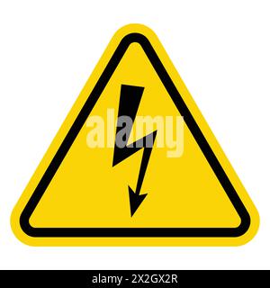 Segnale di avvertimento alta tensione. Icona tensione elettrica pericolosa. Simbolo del vettore di pericolo. Pericolo di scosse elettriche. Freccia del fulmine nero nel triangolo giallo. Illustrazione Vettoriale