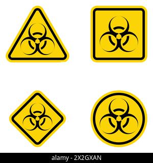 Set di segnali di pericolo biologico. Simbolo di avvertimento giallo triangolo per rischio biologico. Sostanza. Concetto di virus epidemico e quarantena per la salute pubblica da proteggere Illustrazione Vettoriale