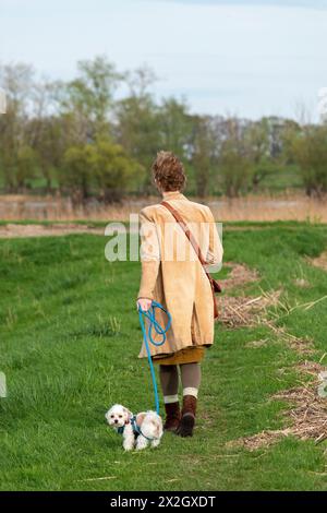 Donna che cammina Bolonka Zwetna cane giocattolo, zone umide dell'Elba vicino Bleckede, bassa Sassonia, Germania Foto Stock