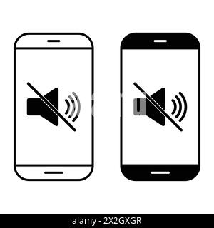 Set di icone della linea della modalità silenziosa del telefono smartphone. Concetto mobile e web design. Vettore contorno volume disattivato. Altoparlante audio sullo schermo. Nessun suono. Altoparlante. Illustrazione Vettoriale