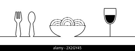 Forchetta, cucchiaio, ciotola di spaghetti, pasta bollita, maccheroni lunghi, bicchiere di vino. Un'unica linea disegnando opere d'arte vettoriali per ristorante, caffetteria, mensa e pub. Menu Illustrazione Vettoriale