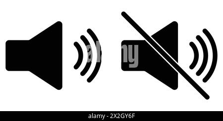 Set di icone del volume dell'altoparlante audio in linea per applicazioni e siti Web. Semplice esclusione del microfono, suono silenzioso, icona piatta, illustrazione vettoriale. Illustrazione Vettoriale