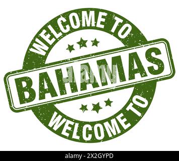 Benvenuto al francobollo delle Bahamas. Insegna rotonda delle Bahamas isolata su sfondo bianco Illustrazione Vettoriale