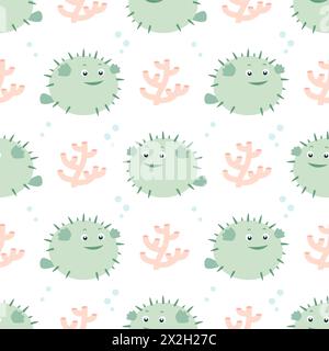 Semplice schema senza cuciture con creature marine. Pesce fugu. Vettore. Illustrazione Vettoriale