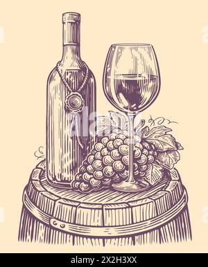 Bottiglia di vino con bicchiere di vino e uva. Schizzo dell'azienda vinicola. Illustrazione vettoriale stile vintage incisione Illustrazione Vettoriale