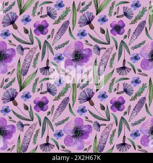 fiori e erbe lilla di prato senza cuciture, fiori di mais, lilla su sfondo lilla Foto Stock
