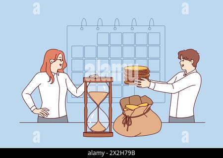 Programma delle retribuzioni vicino a persone d'affari con soldi in piedi vicino al calendario e alla clessidra. I dipendenti dell'ufficio utilizzano il programma retributivo per garantire pagamenti tempestivi e aumentare la stabilità finanziaria dell'azienda Illustrazione Vettoriale