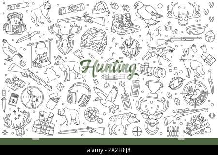 Accessori per la caccia e animali selvatici vicino a pistole per cacciatori professionisti. Set di attrezzature e abbigliamento per escursioni nella foresta per la caccia sportiva di bestie e uccelli predatori. Scarabocchio disegnato a mano Illustrazione Vettoriale