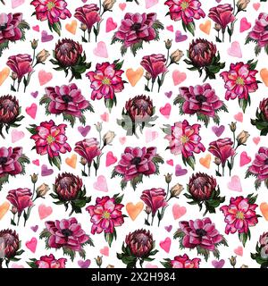 Motivo floreale senza cuciture con fiori rosa fioriti protea e rosa selvatica. esotico tropicale. il design di san valentino con il cuore Foto Stock