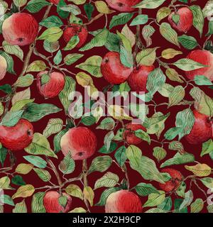 Ramo di melo senza cuciture con mele rosse illustrazione stilizzata con acquerello Foto Stock