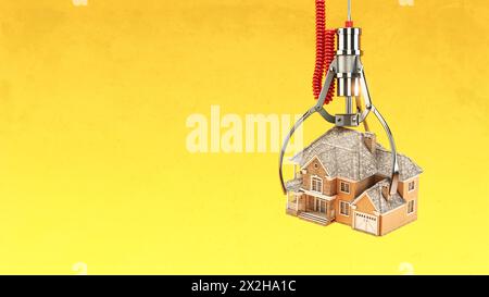 Scegliere il concetto immobiliare e ipotecario. Artiglio della macchina con alloggiamento su sfondo giallo. illustrazione 3d. Foto Stock