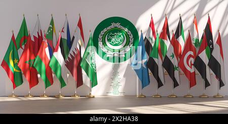 Concetto di riunione dell'unione della Lega Araba. Le bandiere nazionali dei paesi membri della Lega araba con il suo simbolo. illustrazioni 3d. Foto Stock