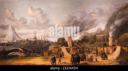 Raffineria di olio di balena vicino al villaggio di Smerenburg, Cornelis de Man, olio su tela, 1639, Amsterdam, paesi Bassi Foto Stock