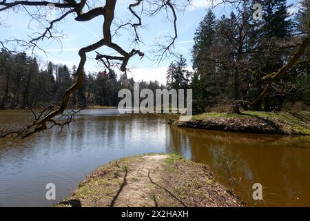 Pruhonice, Repubblica Ceca - 29 marzo 2024 - lo stagno Borin nel parco Pruhonice vicino a Praga all'inizio della primavera Foto Stock