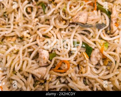 Pasto fritto con spaghetti di pollo piccanti (chowmein) con vista ravvicinata Foto Stock