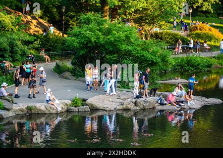 Una vibrante giornata estiva a Central Park, Manhattan, New York City, con persone che si godono attività di svago in riva al lago Foto Stock