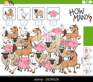 Illustrazione a cartoni animati di un gioco di conteggio educativo con personaggi di animali da fattoria Illustrazione Vettoriale
