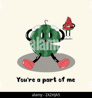 Illustrazione dei cartoni animati. Un anguria tiene la testa, e un pezzo di anguria è in piedi accanto ad esso, ridendo. Sei parte di me. Illustrazione Vettoriale