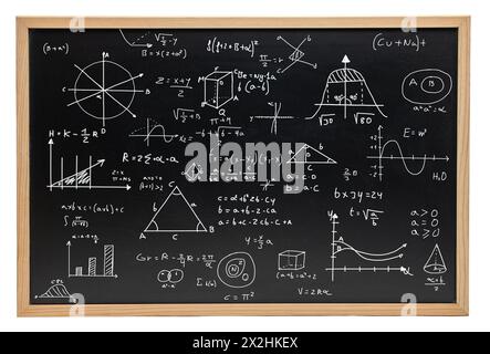 Equazioni matematiche scritte su una lavagna - matematica e concetti scientifici su sfondo bianco Foto Stock