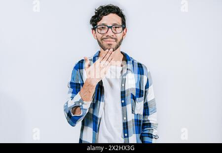 Persona che fa un gesto DI RINGRAZIAMENTO isolato nel linguaggio dei segni. Uomo che mostra un gesto DI RINGRAZIAMENTO nel linguaggio dei segni Foto Stock