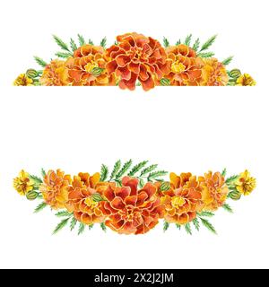 Marigolds, modello per l'inserimento del testo. Illustrazione ad acquerello disegnata a mano di fiori isolati su sfondo bianco. Per la decorazione di testate, compleanno c Foto Stock