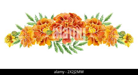 Acquerello Marigolds. Illustrazione di fiori disegnati a mano isolata su sfondo bianco. Per decorare intestazioni, biglietti di compleanno, inviti, striscioni, etichette Foto Stock