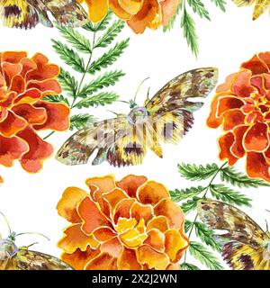Marigolds, falena, motivo senza cuciture. Illustrazione ad acquerello disegnata a mano di fiori e farfalla su sfondo bianco. Per le carte, Day of the Dead, Invi Foto Stock