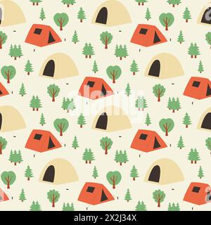 Campeggi senza cuciture. Tende nella foresta sullo sfondo senza fine. Attrezzatura da picnic per il turismo, ornamento ripetuto. Illustrazione del contorno piatto vettoriale. Illustrazione Vettoriale