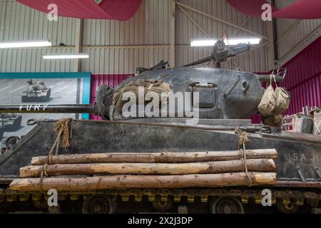 Bovington.Dorset.Regno Unito.25 febbraio 2024.il carro armato Sherman M4A2 del film (Fury) è in mostra al Tank Museum di Dorset Foto Stock