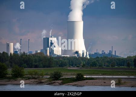 Blicküber den Rhein auf das STEAG Kohlekraftwerk Walsum, Block 10, Kühlturm, Teile des ThyssenKrupp Steel Stahlwerk a Bruckhausen, Marxloh, Duisburg, NRW, Deutschland, Industriekulisse Duisburg *** Vista sul Reno fino alla centrale a carbone STEAG Walsum, blocco 10, torre di raffreddamento, parti della acciaieria ThyssenKrupp a Bruckhausen, Marxloh, Duisburg, NRW, Germania, scenario industriale di Duisburg Foto Stock