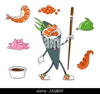 Cartoni animati giapponese Groovy temaki sushi character. Il vivace cibo giapponese vettoriale isolato che trasuda gioia. Rotolo avvolto in un cono di alghe, ripieno di ripieni freschi come pesce di salmone, caviale e riso Illustrazione Vettoriale