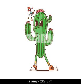 Cartoni animati cactus messicano retrò succulento personaggio gotico come hippie degli anni '70, arte vettoriale funky. Un cactus allegro che fischiava melodia o canta note, hippie degli anni '70 o ipster stupido personaggio dei cartoni animati Illustrazione Vettoriale