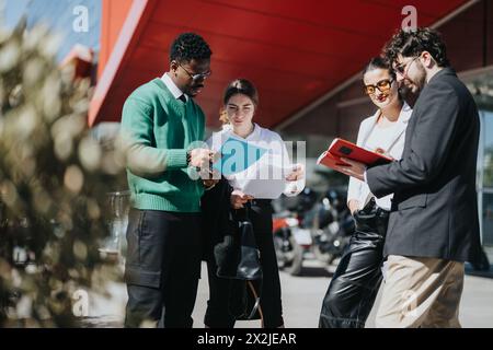 Gli uomini d'affari che discutono di lavorare all'aperto in un ambiente urbano soleggiato Foto Stock