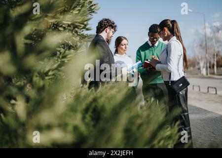 Team aziendale multiculturale che pianificano strategie all'aperto per la crescita Foto Stock