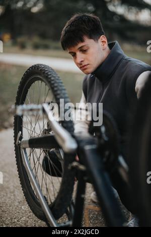 Adolescente dall'aspetto informale che fissa una mountain bike in un parco Foto Stock