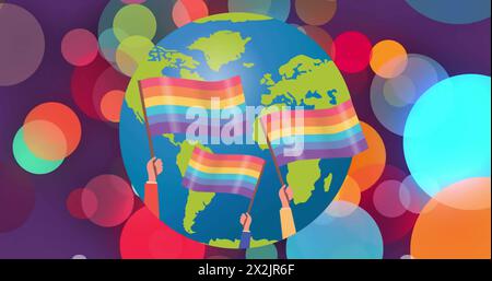 Immagine delle bandiere arcobaleno sul globo sopra le macchie arcobaleno Foto Stock