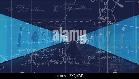 Immagine di equazioni matematiche su cubi con icone su sfondo nero Foto Stock