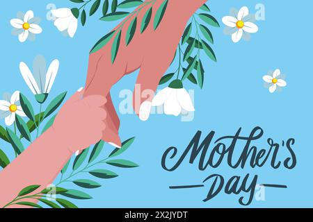 design piatto vettoriale felice per la festa della mamma con la mano del bambino e la mano della mamma Illustrazione Vettoriale