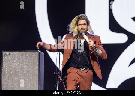 Indio, Stati Uniti. 21 aprile 2024. Adam Lazzara di Taking Back Sunday durante il Coachella Music Festival all'Empire Polo Club il 21 aprile 2023, a Indio, California (foto di Daniel DeSlover/Sipa USA) crediti: SIPA USA/Alamy Live News Foto Stock