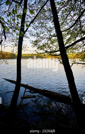 Burke, Virginia, Stati Uniti - 18 aprile 2024: Una scena tranquilla al tramonto lungo la riva del lago Burke, una destinazione popolare nella Virginia settentrionale. Foto Stock