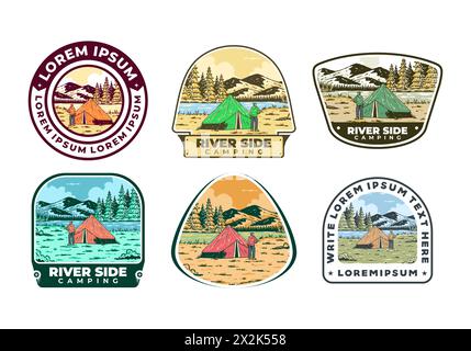 Campeggio sul fiume. Badge vintage per esterni Illustrazione Vettoriale