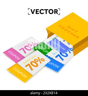 i buoni 3d vengono offerti con codice coupon, percentuale di sconto con i sacchetti della spesa, isolati su sfondo bianco. Modello banner voucher regalo. Illustrazione vettoriale. Illustrazione vettoriale Illustrazione Vettoriale