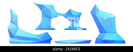 Set di pezzi di iceberg isolati su sfondo bianco. Illustrazione vettoriale di blocchi di ghiaccio blu e arco di forma astratta, elementi di design paesaggistico antartico, gracier di montagna, frammenti di fiume Illustrazione Vettoriale